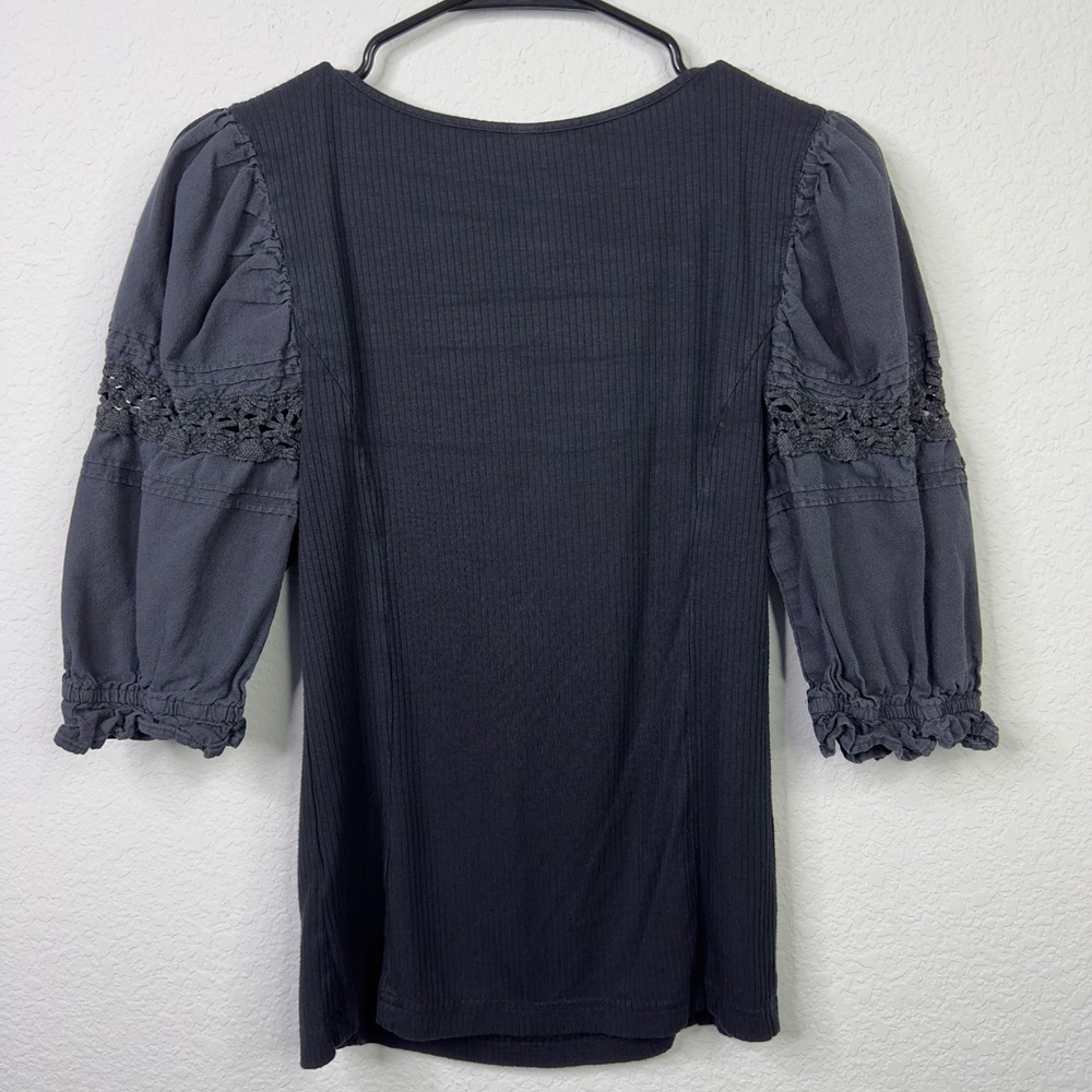 Free People Shirt S Black Ribbed Puff Sleeve Crochet Lace Romantic Goth Boho - Picture 2 of 8